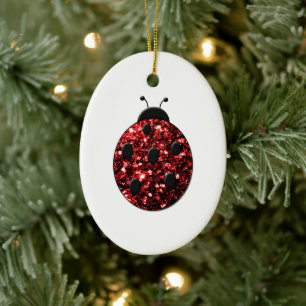 Dark red ladybug faux glitter sparkles ceramic tree decoration