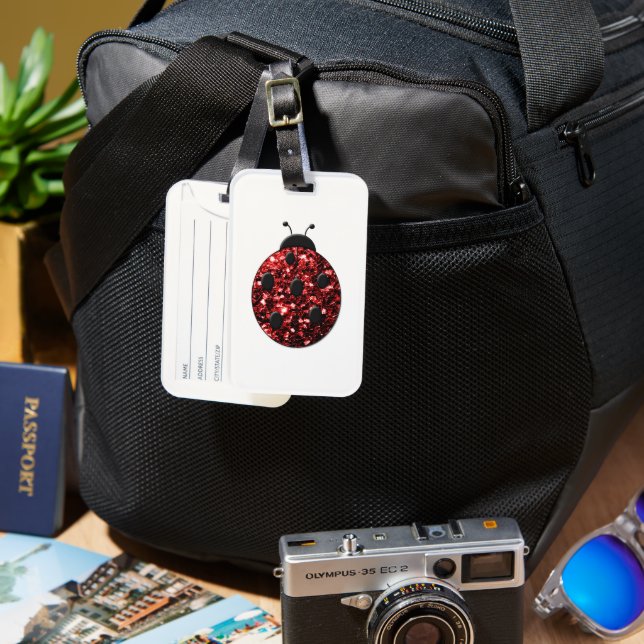 Dark red ladybug faux glitter sparkles luggage tag (Front & Back)