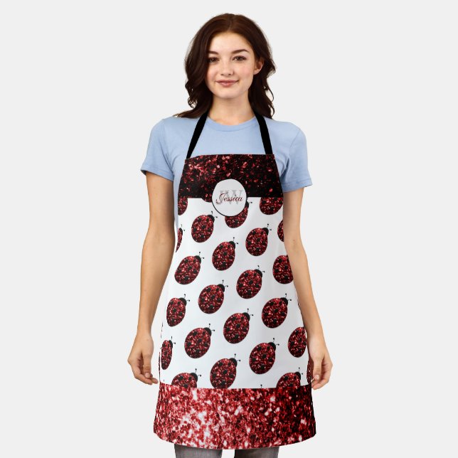 Dark red ladybug faux glitter sparkles Monogram Apron (Worn)