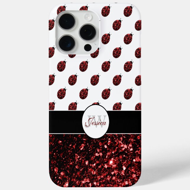 Dark red ladybug faux glitter sparkles Monogram Case-Mate iPhone Case (Back)