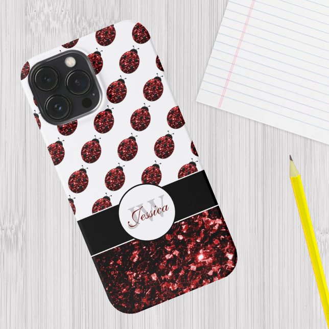 Dark red ladybug faux glitter sparkles Monogram Case-Mate iPhone Case (Sparkle up and protect your phone with trendy faux sparkles phone case.)