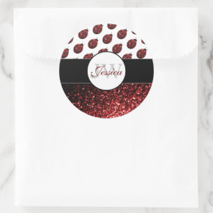 Dark red ladybug faux glitter sparkles Monogram Classic Round Sticker