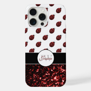 Dark red ladybug faux glitter sparkles Monogram iPhone 15 Pro Max Case