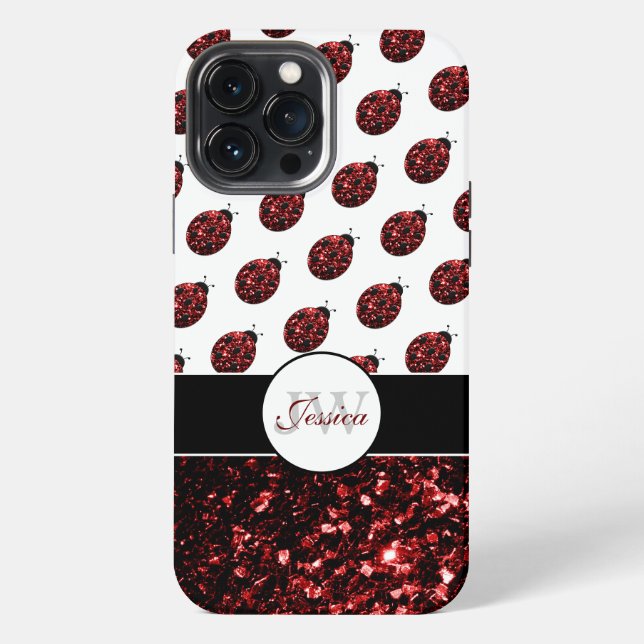 Dark red ladybug faux glitter sparkles Monogram iPhone Case (Back)
