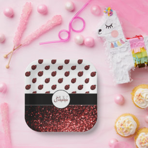 Dark red ladybug faux glitter sparkles Monogram Paper Plate