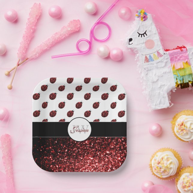 Dark red ladybug faux glitter sparkles Monogram Paper Plate (Party)