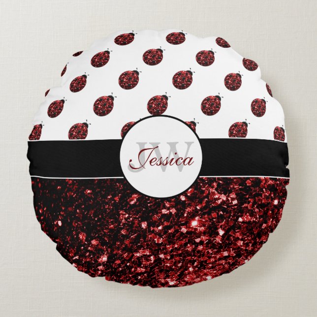 Dark red ladybug faux glitter sparkles Monogram Round Cushion (Front)