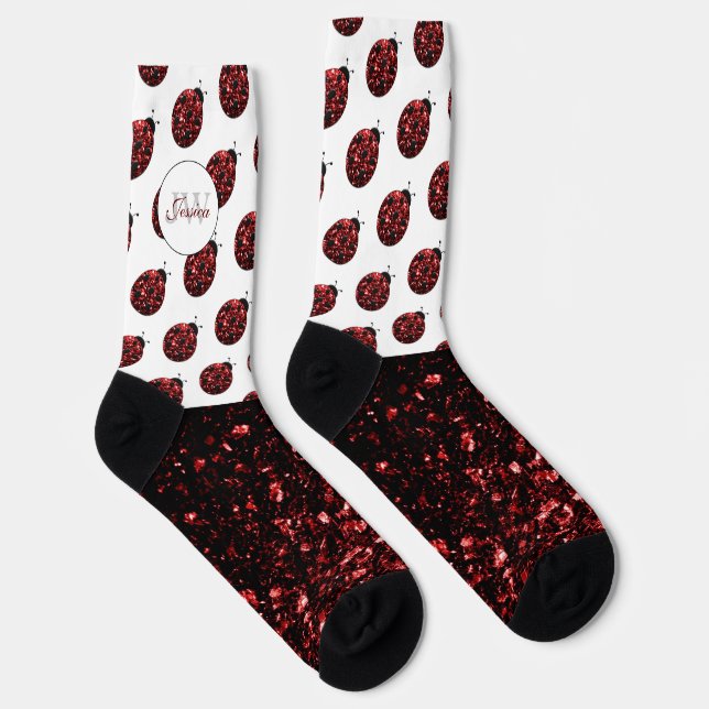 Dark red ladybug faux glitter sparkles Monogram Socks (Right)