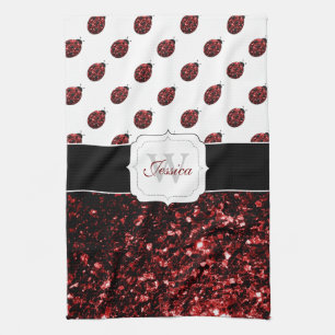 Dark red ladybug faux glitter sparkles Monogram Tea Towel