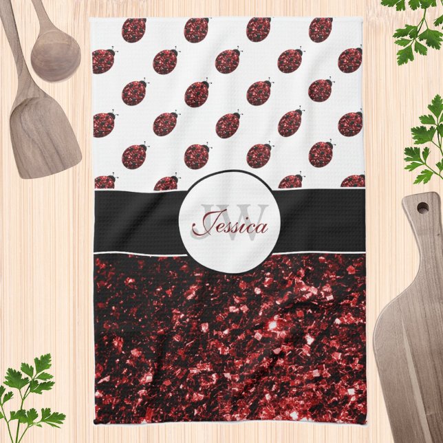 Dark red ladybug faux glitter sparkles Monogram Tea Towel (Creator Uploaded)