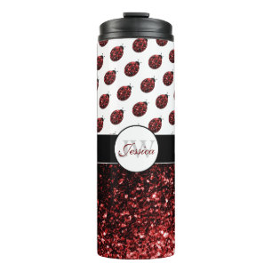 Dark red ladybug faux glitter sparkles Monogram Thermal Tumbler