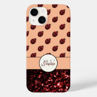 Dark red ladybug glitter sparkles peach Monogram