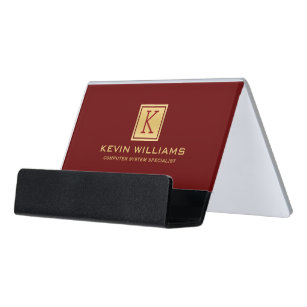 Dark Red & Light Gold geometric Accent Desk Business Card Holder