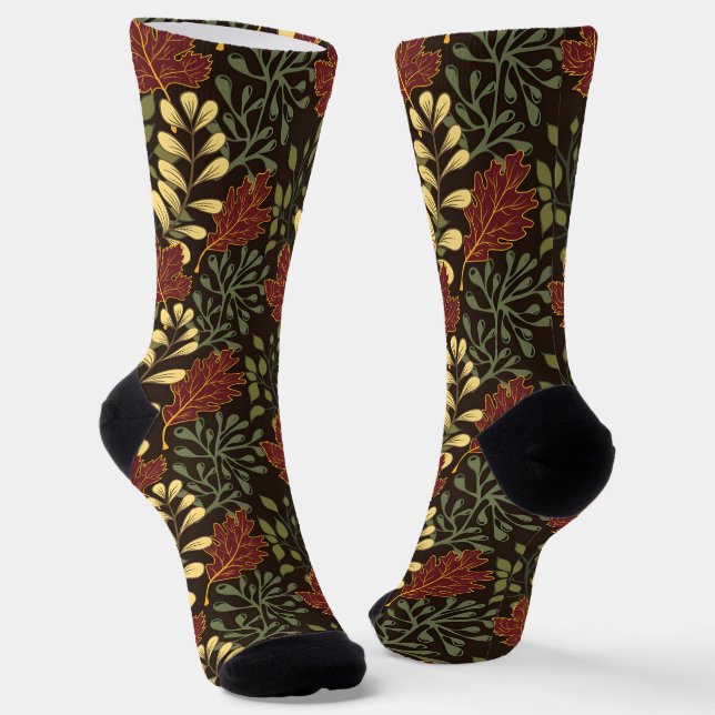 Dark red maple leaves floral pattern socks (Angled)
