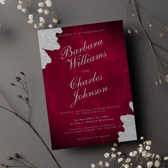 Dark red marble silver glitter brushstroke wedding invitation (Dark red marble silver glitter brushstroke wedding)