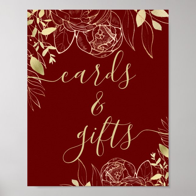 Dark Red Maroon & Gold Modern Floral Cards & Gifts Poster (Front)