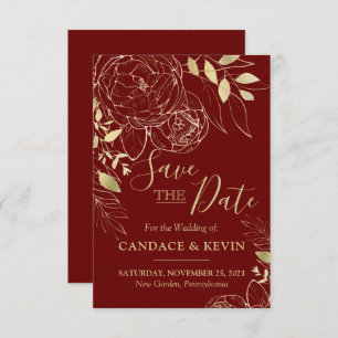 Dark Red Maroon & Gold Peony Modern Floral Wedding Save The Date