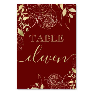 Dark Red Maroon & Gold Peony Modern Floral Wedding Table Number
