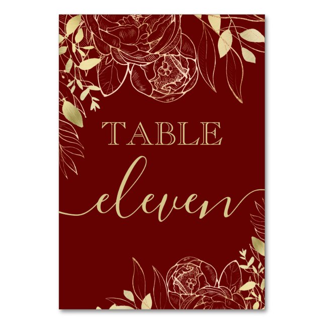 Dark Red Maroon & Gold Peony Modern Floral Wedding Table Number (Front)
