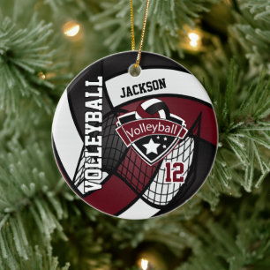 Dark Red Maroon, White and Black Logo 🏐Volleyba Ceramic Tree Decoration
