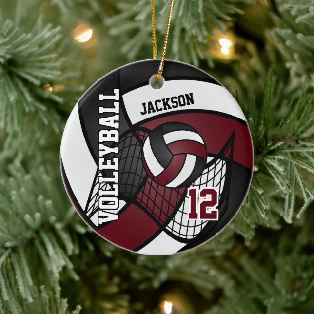 Dark Red Maroon, White and Black 🏐Volleyball Ceramic Tree Decoration (Tree)
