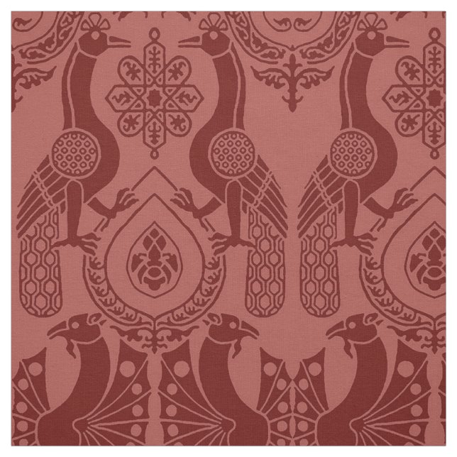 Dark Red Mediaeval Peacocks and Dragons Fabric (Swatch)
