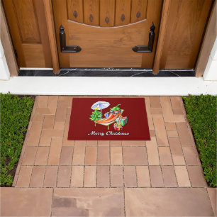 Dark Red Merry Christmas Cartoon Chilli Doormat