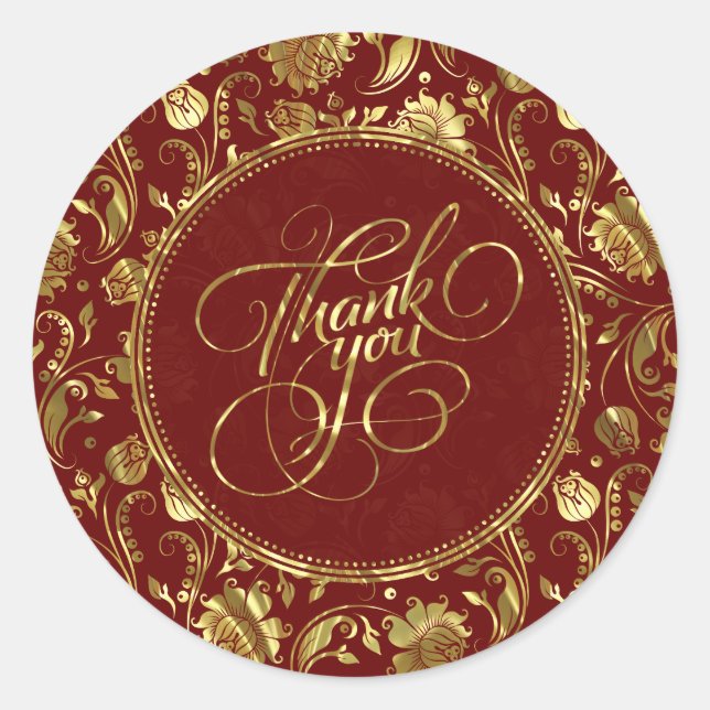 Dark Red & Metallic Gold Floral Damasks Thank You Classic Round Sticker (Front)