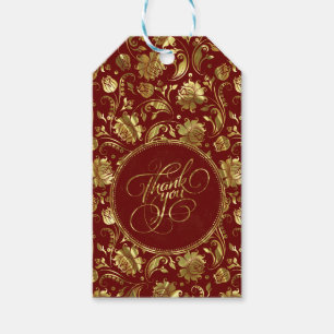 Dark Red & Metallic Gold Floral Damasks Thank You Gift Tags