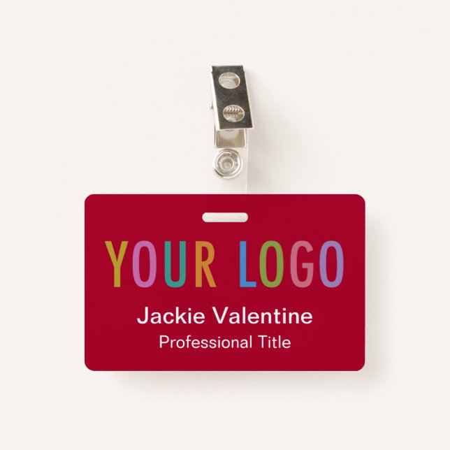 Dark Red Name Badge with Logo Clip Reel or Lanyard ID Badge (Front with Clip)
