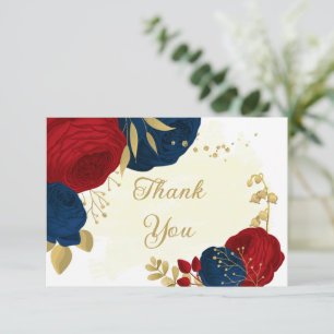 dark red & navy blue flowers gold wedding thank yo you card
