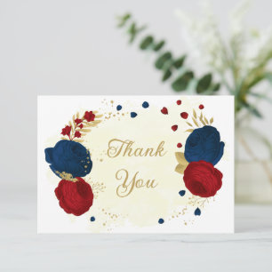 dark red & navy blue flowers gold wedding thank you card