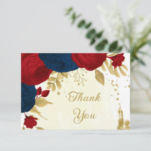 dark red & navy blue flowers gold wedding thank you card