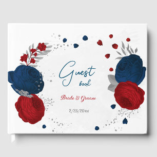 dark red & navy blue flowers silver botanical guest book