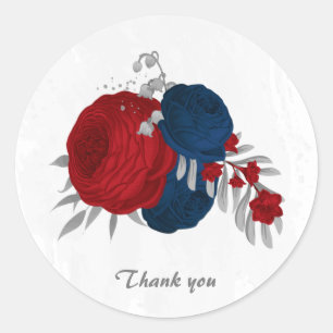 dark red & navy blue flowers silver classic round sticker