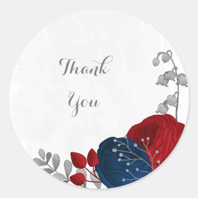 dark red & navy blue flowers silver classic round sticker (Front)