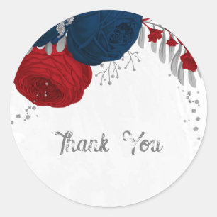 dark red & navy blue flowers silver classic round sticker