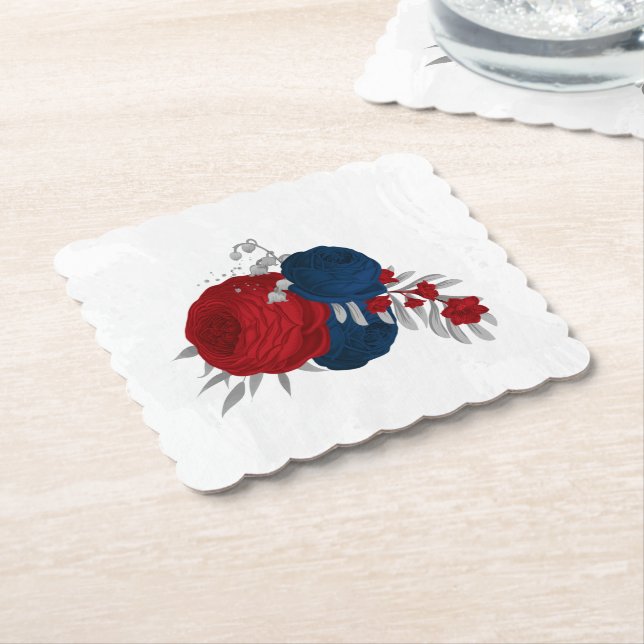 dark red & navy blue flowers silver  paper coaster (Angled)