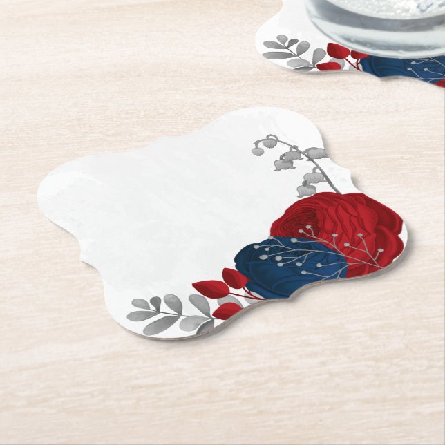dark red & navy blue flowers silver paper coaster (Angled)