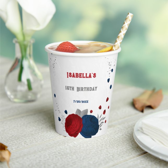 dark red & navy blue flowers silver paper cups (Insitu)
