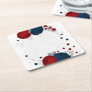 dark red & navy blue flowers silver square paper coaster