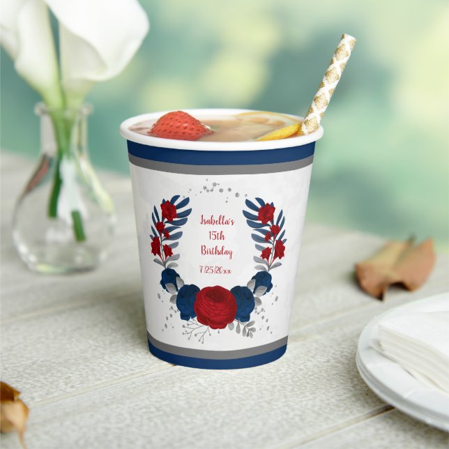 dark red & navy blue flowers silver wreath paper cups (Insitu)