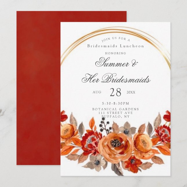 Dark Red Orange Floral Gold Bridesmaids Luncheon Invitation (Front/Back)