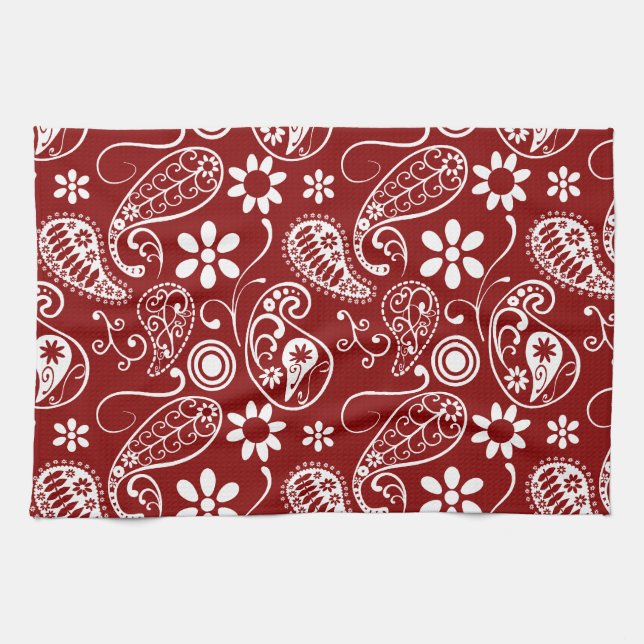 Dark Red Paisley; Floral Tea Towel (Horizontal)