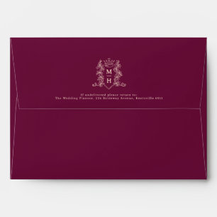Dark red peach crest heart crown monogram wedding  envelope