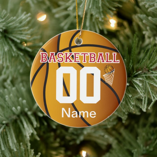 Dark Red Personalise Basketball with Number Ceramic Tree Decoration (Tree)