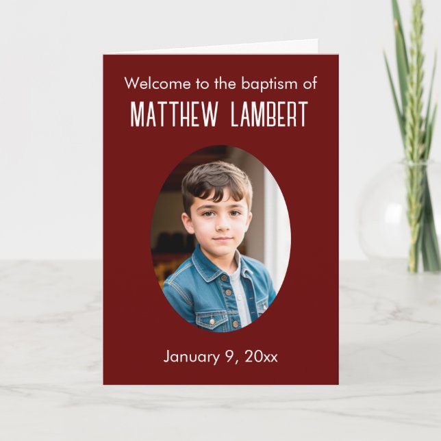 Dark Red Photo Front Polka-Dot Folded Baptism Programme (Front)