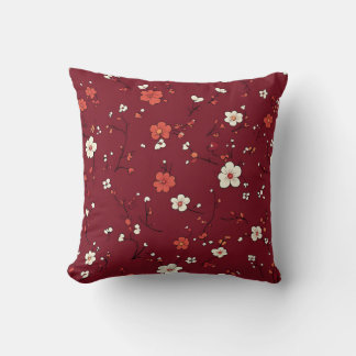Dark Red Pillow with Tiny White and Pink Blossoms