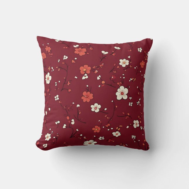 Dark Red Pillow with Tiny White and Pink Blossoms (Front)