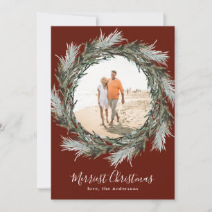 Dark Red Pine Wreath Christmas Holiday Photo Card